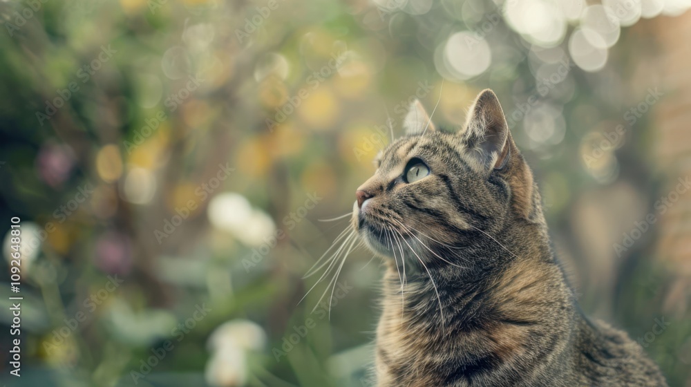 Naklejka premium Portrait of a Tabby Cat with blurred garden background, copy space, cinematic 