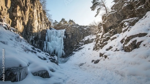 Frozen Waterfall Cascade Amidst Snow-Covered Cliffs photo