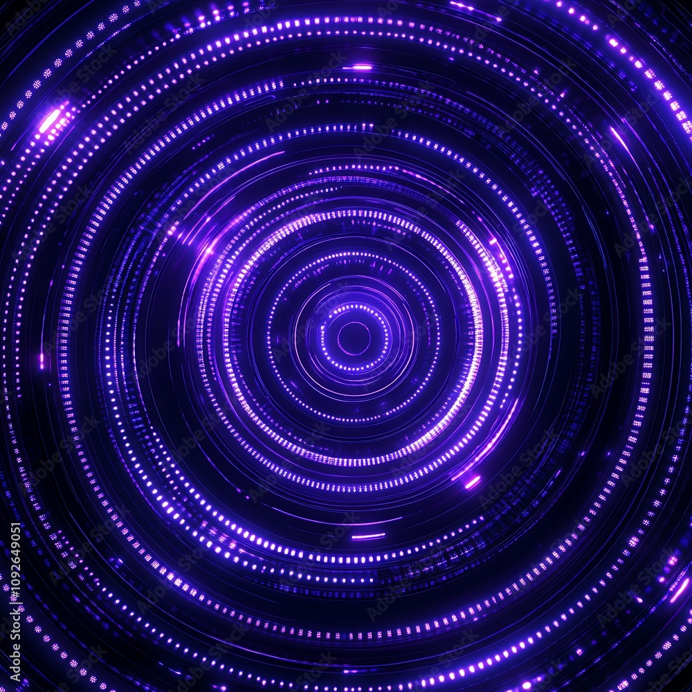 Fototapeta premium Abstract digital design featuring concentric circles with glowing purple dots, creating a mesmerizing vortex effect on a dark background, ideal for technology and futuristic themes.