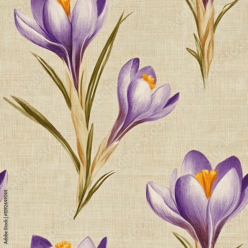 Vintage Spring crocus pattern on vintage beige fabric background, seamless repeating pattern, textile print style, minimal, Spring design, seamless crocus pattern, home decor, textiles