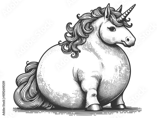 chubby unicorn fat overweight with a flowing mane and tail, blending whimsy and fantasy charm sketch engraving generative ai vector illustration. Scratch board imitation. Black and white image.