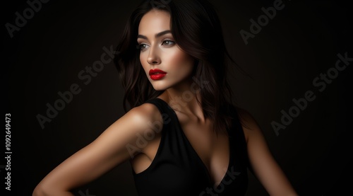 Glamorous woman with dark hair and red lips photo