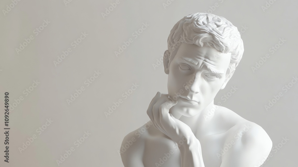 A close-up photo of a white marble bust of a man with curly hair, thoughtfully resting his chin on his hand. A close-up photo of a white marble bust of a man with curly hair, thoughtfully resting his chin on his hand.