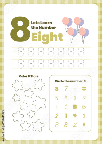 Activity worksheets for kids education with many exercises. Learning numbers from 1 to 10. Trace, color, dot to dot on one page photo