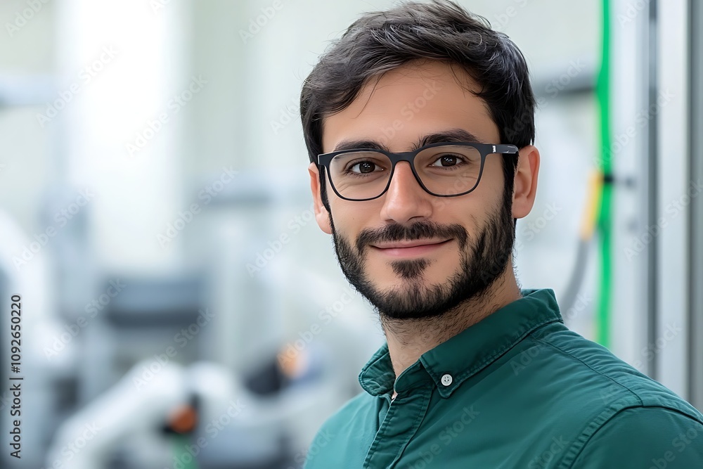 Smiling young man with glasses in industrial setting. Smiling young man with glasses in industrial setting.