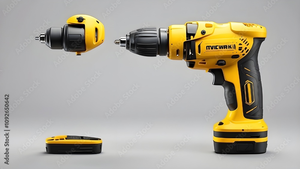 Yellow cordless electronic screwdriver drill hand isolated. Generative AI. Yellow cordless electronic screwdriver drill hand isolated. Generative AI.