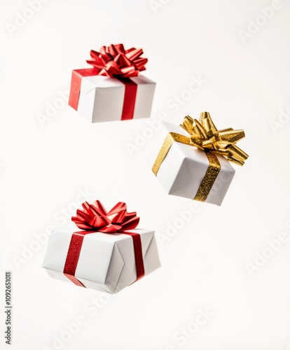 Red gifts with white bows, floating and dissected in the image.