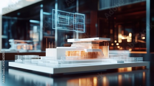 A futuristic architectural model displayed on a modern workspace, holographic blueprints hovering above the table 