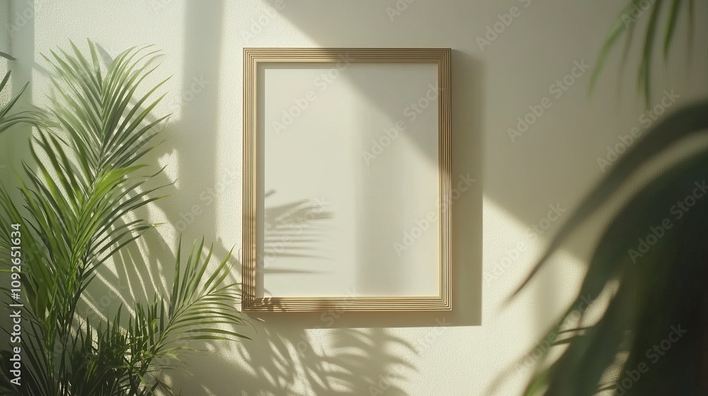 simple minimalist frame mockup poster hanging on the white wall with plant decoration. simple minimalist frame mockup poster hanging on the white wall with plant decoration.