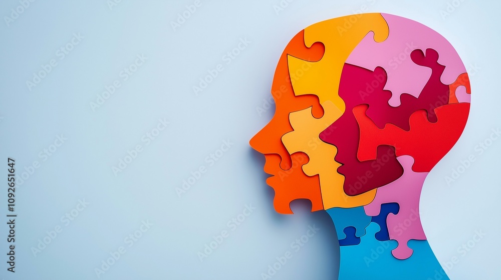 Colorful human head silhouette made of interlocking puzzle pieces on a light blue background. Colorful human head silhouette made of interlocking puzzle pieces on a light blue background.