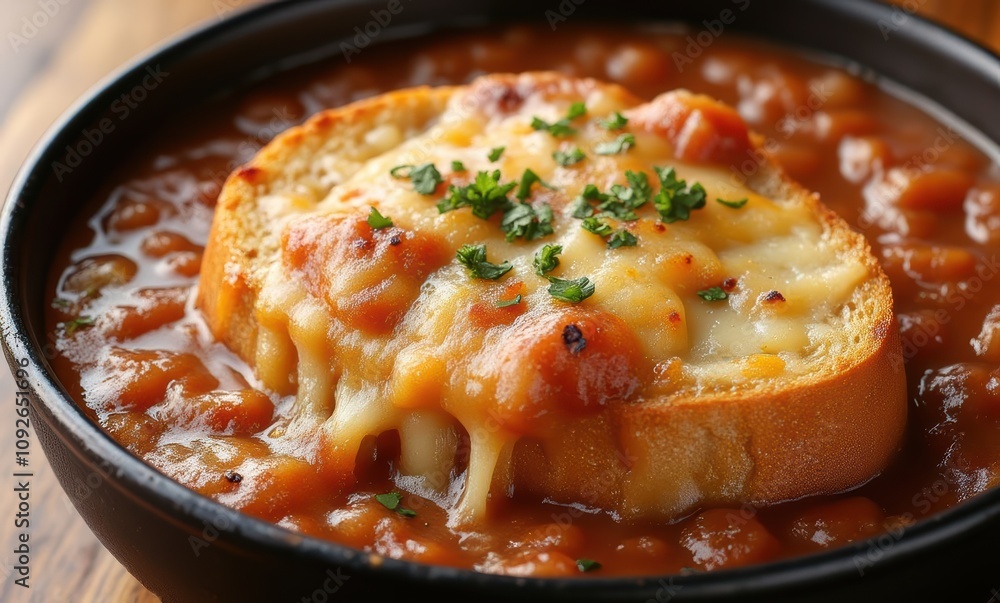 Cheesy toast on beans in a bowl Cheesy toast on beans in a bowl