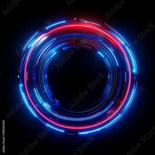 Abstract futuristic circle with glowing blue and red lines, high-tech design element in dark background, suitable for science fiction, technology, and cyber themes