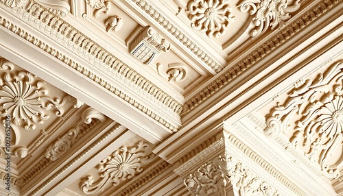 A close-up shot of Baroque ceiling moldings and cornices, focusing on the elaborate carvings and intricate patterns.	