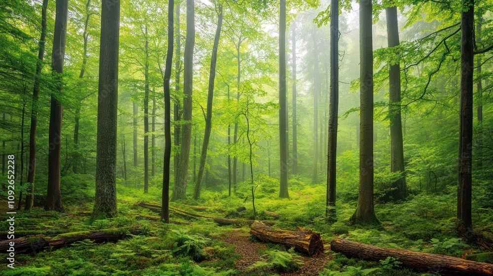 Lush green forest with tall trees and soft mist, creating a serene natural atmosphere. Lush green forest with tall trees and soft mist, creating a serene natural atmosphere.