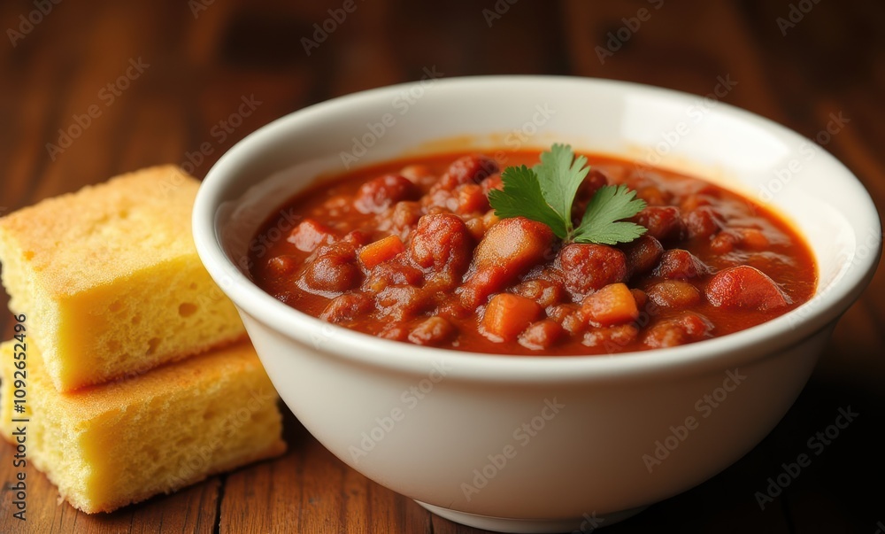 Vegetarian chili with cornbread, hearty meal. Vegetarian chili with cornbread, hearty meal.