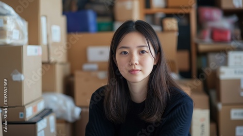 Young woman surrounded by cardboard boxes in a storage room, looking contemplative and focused.