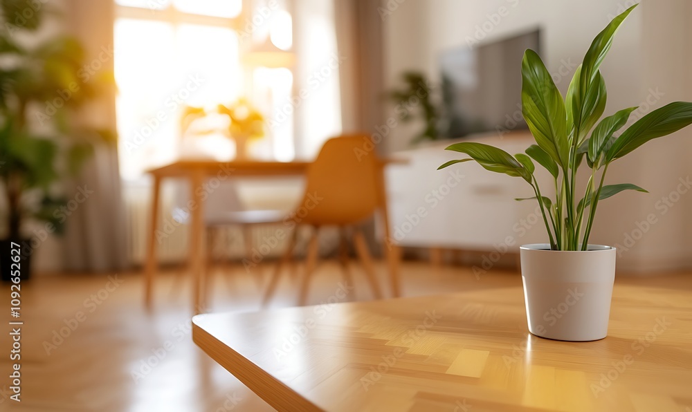 Sunny apartment interior with plant on table. Sunny apartment interior with plant on table.