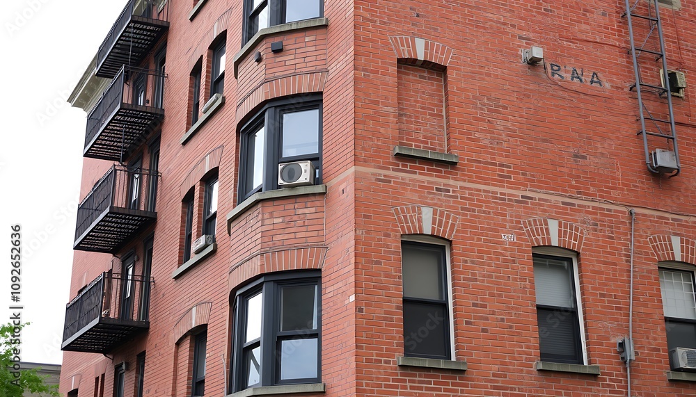 Obraz premium The classic brickwork of an older apartment building, with its sturdy, timeless architecture and character. 