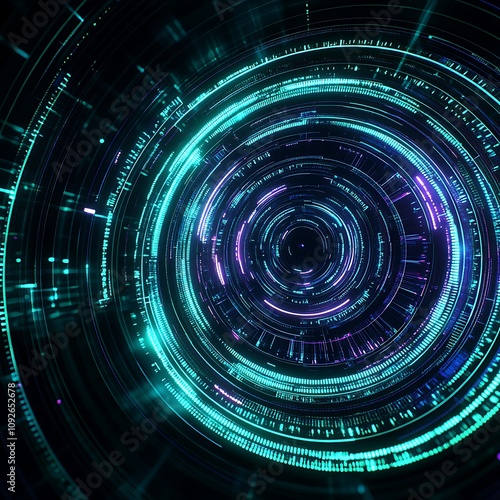 Abstract futuristic digital background with glowing circular patterns and vibrant light effects, showcasing technology, innovation, and creativity in a captivating visual design.