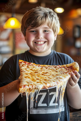 Boy, plus-size, holding a large slice of pizza with melted cheese photo