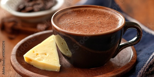 A steaming cup of Colombian hot chocolate, served with a wedge of cheese for dipping