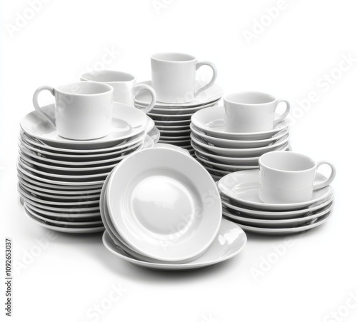 A stack of white porcelain dishware, including a saucer.