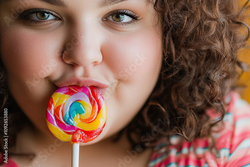 Plus-size girl enjoying a lollipop in a playful pose photo