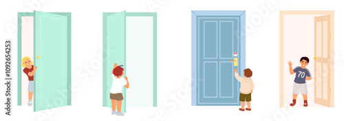 Cute small kids cartoon characters knocking, opening, peeking out doors looking inside or outside room isolated vector illustration set