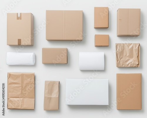 A variety of packaging materials and boxes arranged on a light background. photo