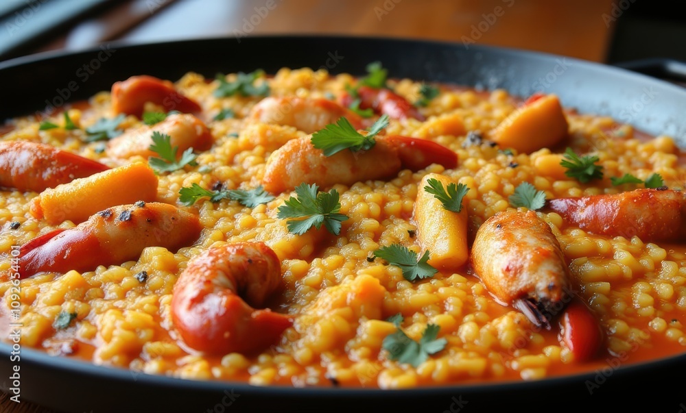 Delicious paella with shrimp and herbs Delicious paella with shrimp and herbs
