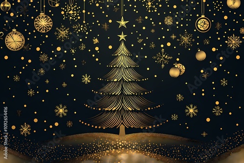 Luxury christmas invitation card art deco design vector. Christmas tree, snowflake, bauble, gift spot texture on black background. Design illustration for season's greeting poster, cover 