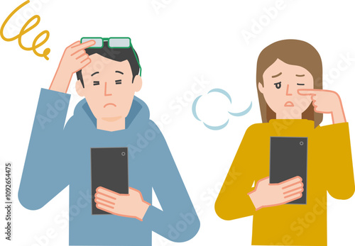 老眼、かすみ目、見えづらくて困りながらスマホを見る若い夫婦のイラスト	
