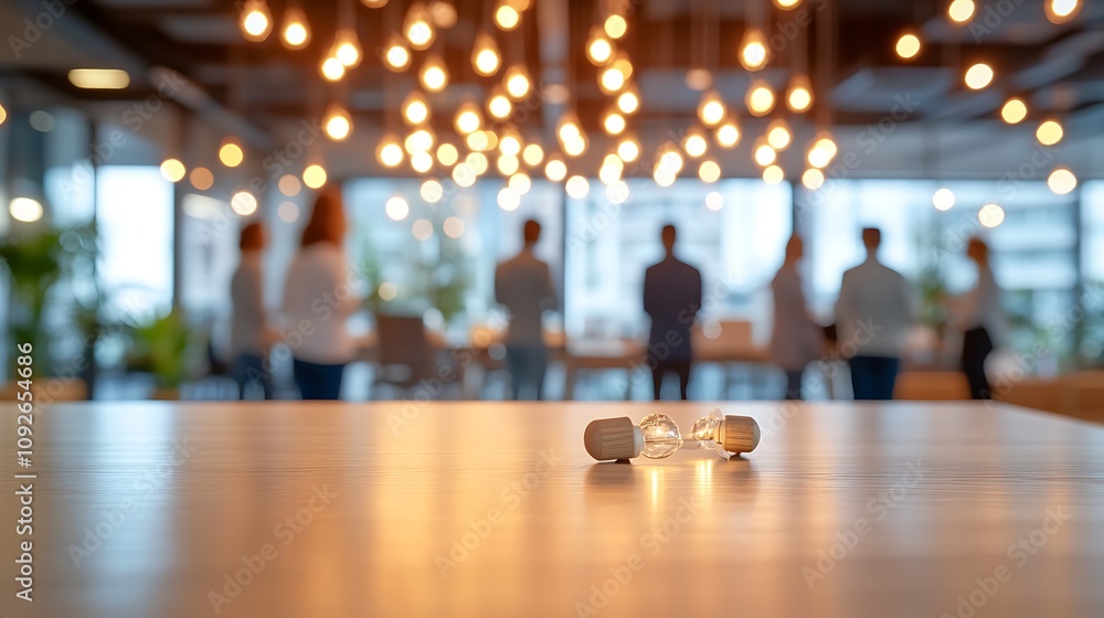 Two earbuds on a table in a modern office with bokeh lights. Two earbuds on a table in a modern office with bokeh lights.