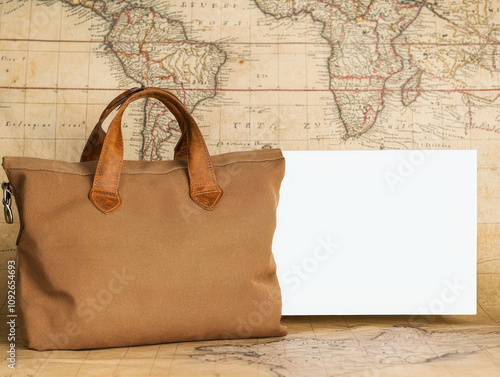 Stylish woven bag on a vintage map background with a blank canvas for customization. photo