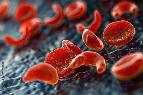 Sickle Cells: A detailed shot of sickle-shaped red blood cells, illustrating the abnormal shape characteristic of sickle cell anemia.
