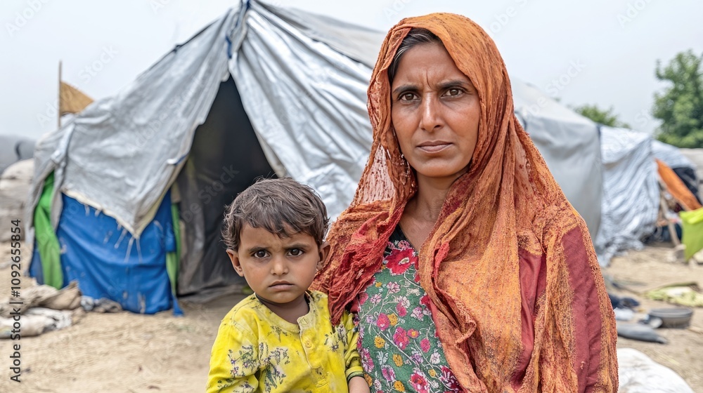 Fototapeta premium A mother and her child, both with soulful expressions, seated in a simple environment, symbolizing hope amidst adversity.