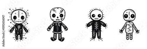 Spooky voodoo doll characters with stitched details and pin elements, vector illustration set. Features black and white designs with a creepy, handmade appearance and haunting expressions.