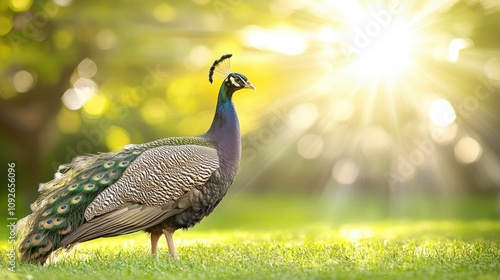 Wallpaper Mural A peaceful field with a solitary peacock standing tall, its colorful plumage glowing against the lush green grass. Torontodigital.ca