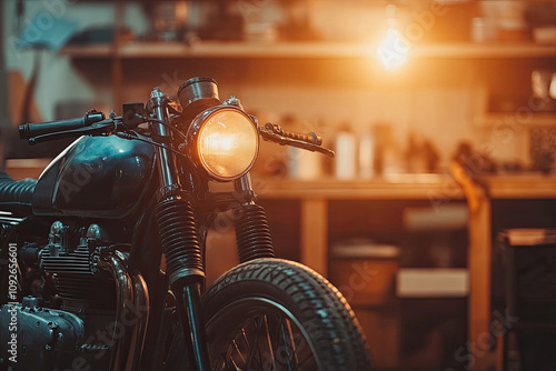 Custom Bobber Motorbike Standing in an Authentic Creative Workshop. Vintage Style Motorcycle Under Warm Lamp Light in a Garage photo