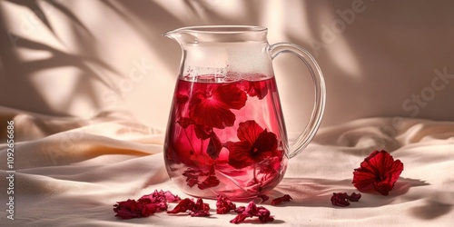 A vibrant hibiscus tea (karkade) in a clear glass pitcher, surrounded by dried hibiscus petals