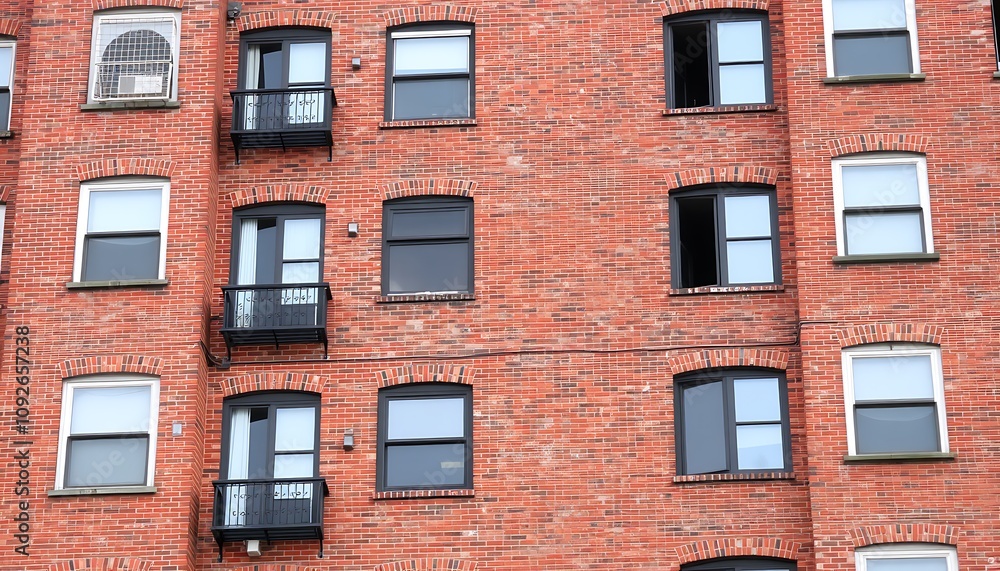 Fototapeta premium The classic brickwork of an older apartment building, with its sturdy, timeless architecture and character. 