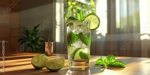 A vibrant non-alcoholic mojito with mint leaves and lime slices, served in a tall glass, on a wooden table, natural lighting, ultra-realistic photo