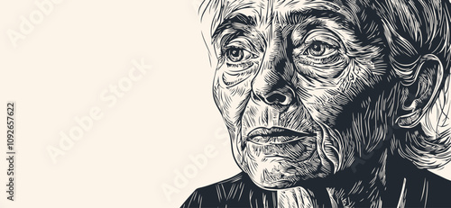 An intricate engraving of a person with detailed hair and clothing, vector illustration.