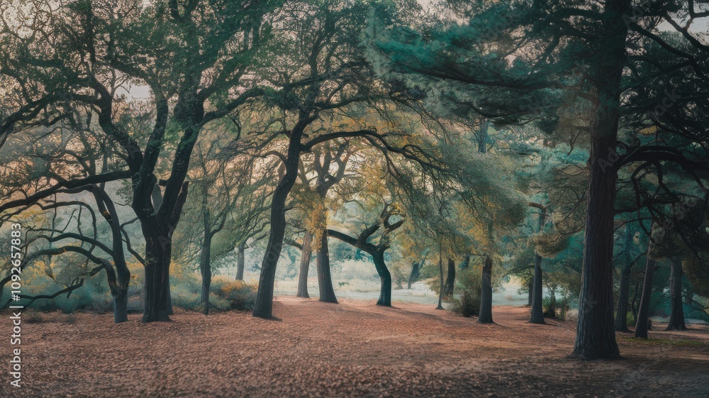 Fototapeta premium Serene forest path surrounded by lush green trees under soft sunlight. 
