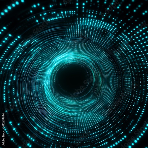 Abstract representation of a dynamic data tunnel with glowing blue dots and smooth lines swirling towards the center, symbolizing technology and innovation