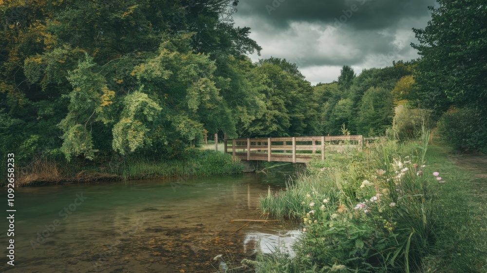 Fototapeta premium Serene forest path surrounded by lush green trees under soft sunlight.