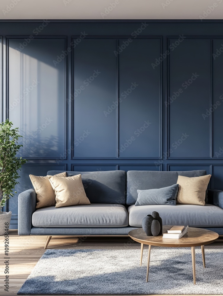 Modern Living Room With Blue Sofa And Paneling Modern Living Room With Blue Sofa And Paneling
