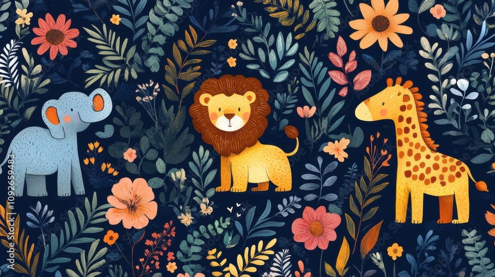 Obraz premium Playful jungle animals like monkeys, sloths, and crocodiles in a vibrant floral setting. Fun and cheerful vector illustration