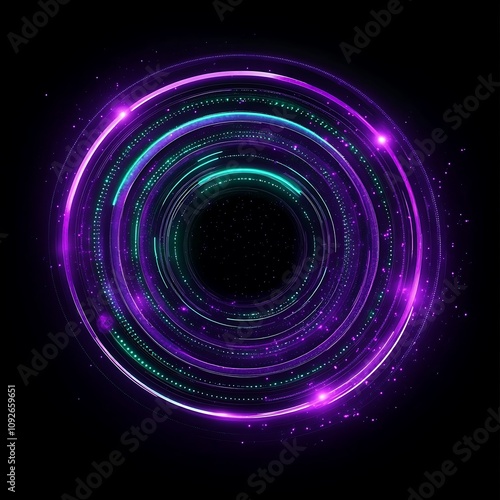 Colorful abstract glowing circular pattern with vibrant purples, greens, and blues against a dark background showcasing depth and technology in design.