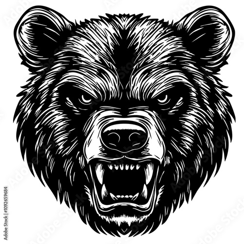Fierce Bear Head Illustration – Aggressive Animal Graphic, Black and White Art, Wildlife Vector, Tribal Design, Wild Beast Symbol, Predatory Mammal Art for Logos or Tattoo Ideas